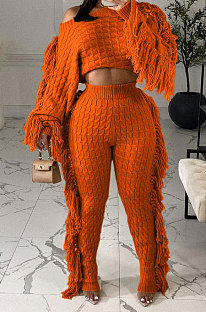 Orange Fashion Kintting Long Sleeve Round Neck Crop Tops Trousers Cute Tassel Suit TRS1186-5