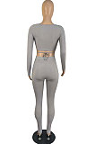 Grey Sexy Women's Long Sleeve Lace-Up Crop Tops Skinny Pants Solid Color Suit LWW9325-2
