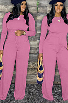 Pink Cotton Blend Women's Long Sleeve Round Neck Plain Wide Leg Jumpsuits MMS5059-5