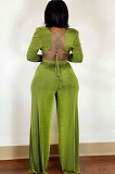 Green Sexy Velvet Ruffle V Neck Back Bandange Tops Wide Leg Pants Plain Suit LWW9328-1