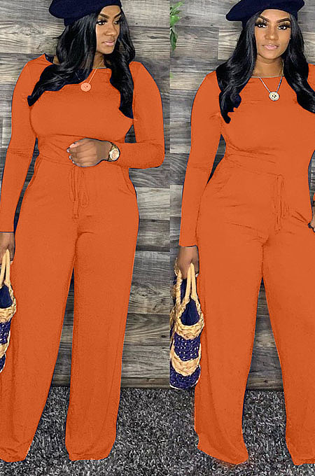 Orange Cotton Blend Women's Long Sleeve Round Neck Plain Wide Leg Jumpsuits MMS5059-3