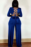 Blue Sexy Velvet Ruffle V Neck Back Bandange Tops Wide Leg Pants Plain Suit LWW9328-2