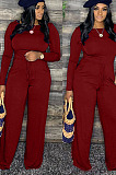 Orange Cotton Blend Women's Long Sleeve Round Neck Plain Wide Leg Jumpsuits MMS5059-3