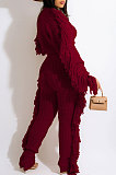 Black Fashion Kintting Long Sleeve Round Neck Crop Tops Trousers Cute Tassel Suit TRS1186-1