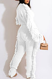 White Fashion Kintting Long Sleeve Round Neck Crop Tops Trousers Cute Tassel Suit TRS1186-2