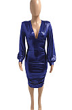 Blue Euramerican V Collar Glitter Club Bodycon Hip Sexy Midi Dress Q991-5
