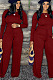 Wine Red Cotton Blend Women's Long Sleeve Round Neck Plain Wide Leg Jumpsuits MMS5059-1
