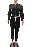 Black Casual Preppy Velvet Long Sleeve Single-Breasted Jacket Jogger Pants Baseballs Suit TK6206-2