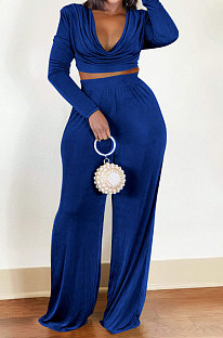 Blue Sexy Velvet Ruffle V Neck Back Bandange Tops Wide Leg Pants Plain Suit LWW9328-2