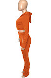 Orange Euramerican Velvet Hoodie Long Sleeve Zipper Pure Color Ruffle Pants Sets Q992-2