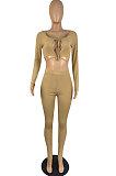 Khaki Sexy Women's Long Sleeve Lace-Up Crop Tops Skinny Pants Solid Color Suit LWW9325-1