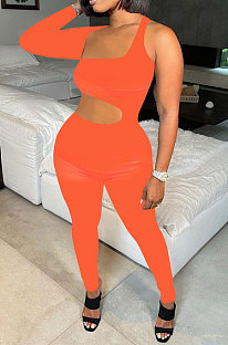 Orange Women's Sexy Hollow Out Single Sleeve Pure Color Bodycon Jumpsuits MF6657-4