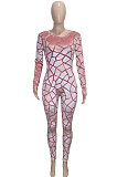 Pink Women's Velvet Zipper Long Sleeve Round Collar High Waist Bodycon Jumpsuits  SN390226 -3