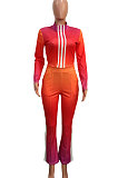 Rose Red Orange Gradient Casual Stand Collar Side Stripe Spliced Long Sleeve Pants Sets SN390205-1
