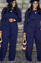 Blue Cotton Blend Women's Long Sleeve Round Neck Plain Wide Leg Jumpsuits MMS5059-6