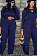 Blue Cotton Blend Women's Long Sleeve Round Neck Plain Wide Leg Jumpsuits MMS5059-6