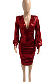 Red Euramerican V Collar Glitter Club Bodycon Hip Sexy Midi Dress Q991-2
