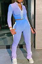 Purple Blue Gradient Casual Stand Collar Side Stripe Spliced Long Sleeve Pants Sets SN390205-2