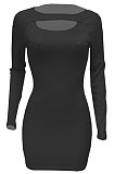 Black Women Autumn Long Sleeve Hollow Out Ribber Bodycon Mini Dress Q985-4