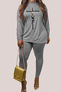 Grey Big Yards Women's Design Printed Long Sleeve High Neck Tops Skinny Pants Plain Suit WA77286-3