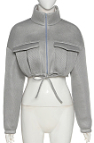 Crop Drawstring Zip Jacket in Gray