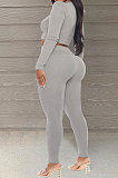 Grey Simple New Ribber Long Sleeve Zipper Tops Skinny Pants Slim Fitting Suit WJ5229-3