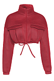 Crop Drawstring Zip Jacket in Red