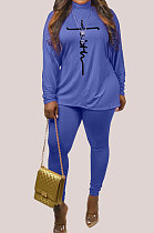 Blue Big Yards Women's Design Printed Long Sleeve High Neck Tops Skinny Pants Plain Suit WA77286-1