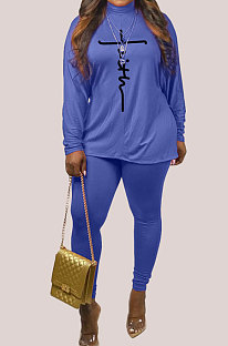 Blue Big Yards Women's Design Printed Long Sleeve High Neck Tops Skinny Pants Plain Suit WA77286-1
