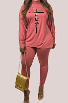 Pink Big Yards Women's Design Printed Long Sleeve High Neck Tops Skinny Pants Plain Suit WA77286-2