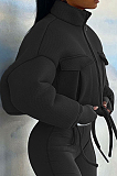 Crop Drawstring Zip Jacket in Black