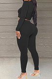 Grey Simple New Ribber Long Sleeve Zipper Tops Skinny Pants Slim Fitting Suit WJ5229-3