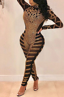 Sexy Beadded Mesh Bodycon Long Sleeve Jumpsuit in Black