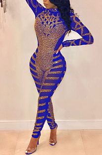 Sexy Beadded Mesh Bodycon Long Sleeve Jumpsuit in Blue
