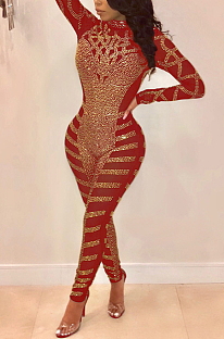 Sexy Beadded Mesh Bodycon Long Sleeve Jumpsuit in Red