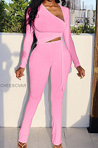 Pink Wholesale Women's Long Sleeve Irregularity Darwstring Tops Trousers Plain Suit XUY9119-3