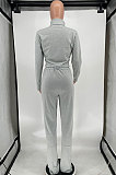 Gray Women's Solid Color Zipper Stand Collar Ruffle Pants Sets AMW8359-1