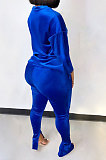 Blue Women Korea Velvet Pure Color Long Sleeve Split Pants Sets AMW8358-3