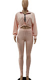 Light Pink Women's Pure Color Zipper Ruffle Casual Pants Sets JR3584-3