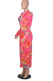 Rose Red Euramerican Printing Zipper Variety Style Long Sleeve Bodycon Long Dress WMZ2687-5