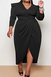 Black Sexy Pure Color Long Sleeve V Neck Slit Fat Women's Dress WA77297-4