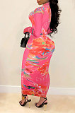Rose Red Euramerican Printing Zipper Variety Style Long Sleeve Bodycon Long Dress WMZ2687-5