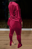 Wine Red Women Korea Velvet Pure Color Long Sleeve Split Pants Sets AMW8358-4