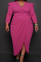 Rose Red Sexy Pure Color Long Sleeve V Neck Slit Fat Women's Dress WA77297-1