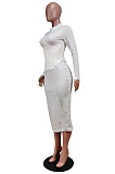 White Fashion New Pu Leather Spliced Long Sleeve Collect Waist  Bodycon Dress WY6860-3
