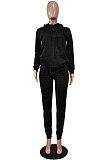 Black Simple Preppy Long Sleeve Hoodie Trousers Plain Suit WY6864-4