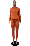 Orange Simple Preppy Long Sleeve Hoodie Trousers Plain Suit WY6864-3