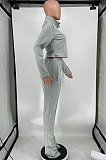 Gray Women's Solid Color Zipper Stand Collar Ruffle Pants Sets AMW8359-1