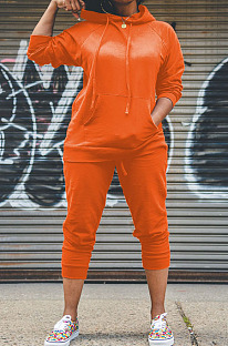 Orange Simple Preppy Long Sleeve Hoodie Trousers Plain Suit WY6864-3