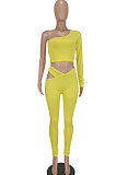 Yellow Women's Fashion Off Shoulder Sexy Crop Pure Color Pants Sets ED8546-1